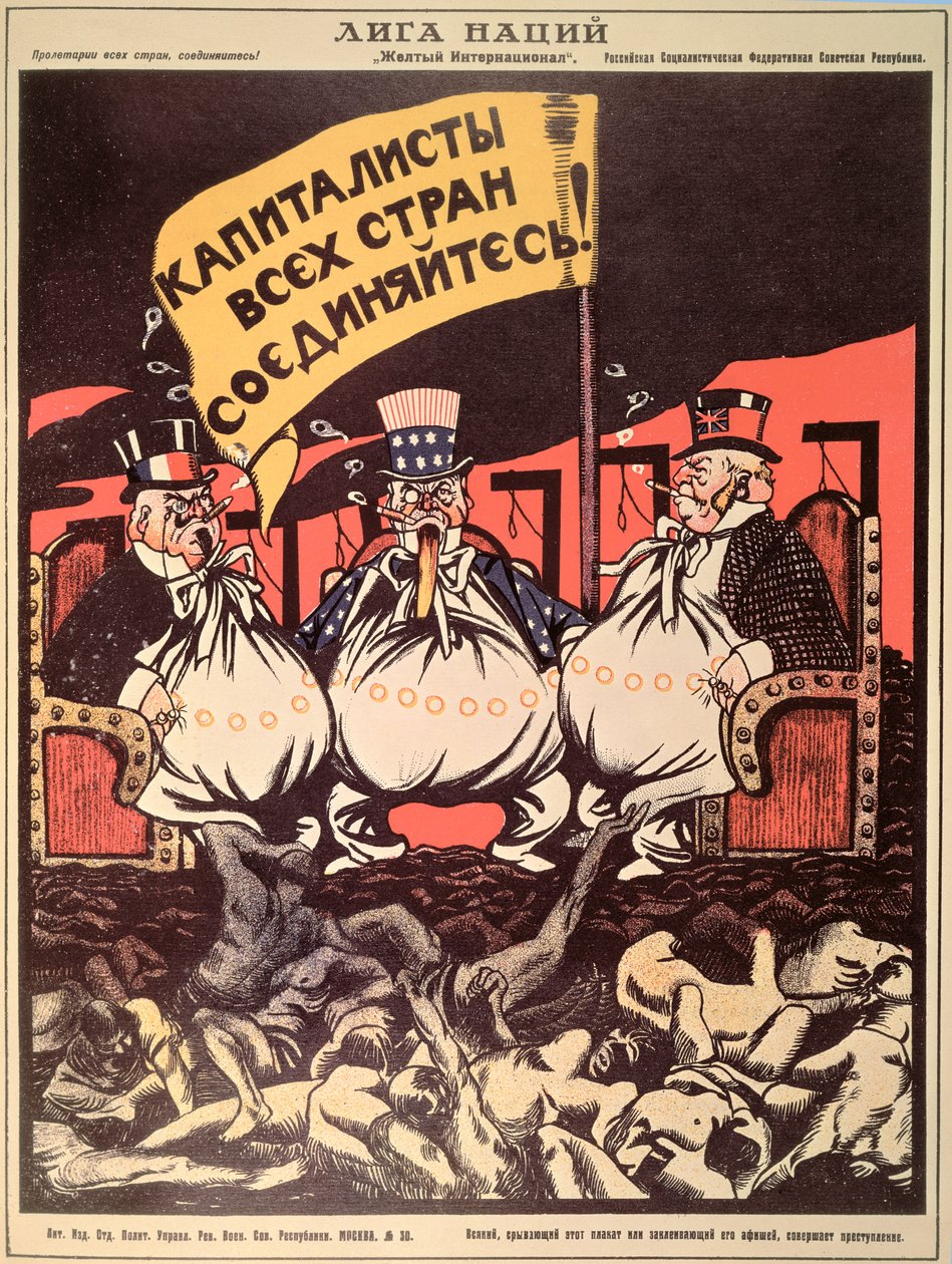 „Liga Narodów: Kapitaliści zjednoczeni świata” z „Rosyjskiego plakatu rewolucyjnego” V. Polonskiego autorstwa Viktor Nikolaevich Deni