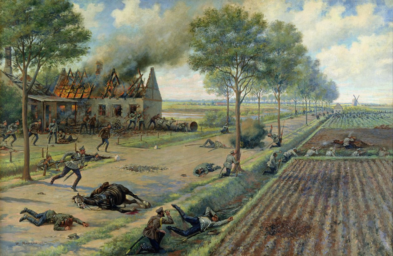 Rosyjska kawaleria walcząca z Niemcami we wsi w 1915 r., ok. 1915-16 (olej na płótnie) autorstwa Viktor Viketyevich Masurovsky