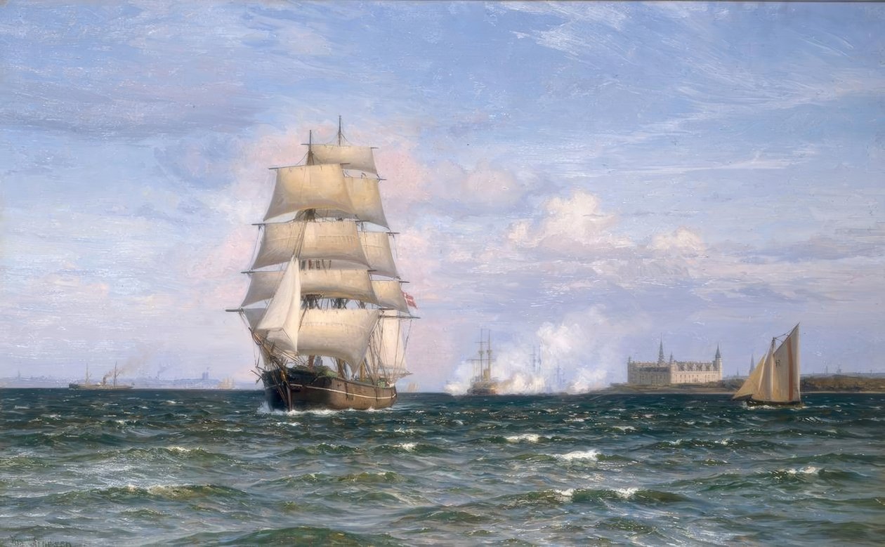 Duńska barka przed zamkiem Kronborg i Elsinore w oddali autorstwa Vilhelm Arnesen