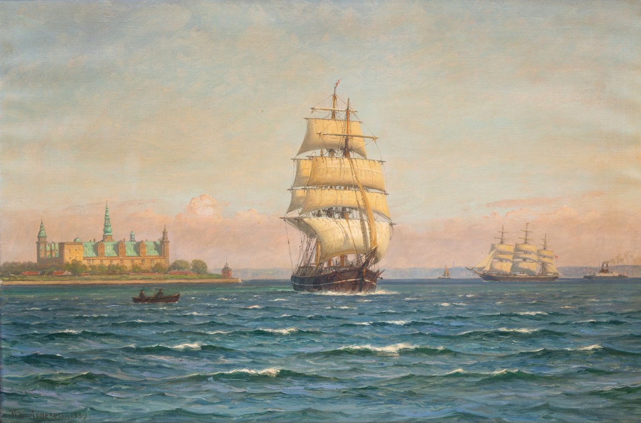 Żaglowce i prom u wybrzeży Kronborg. autorstwa Vilhelm Arnesen