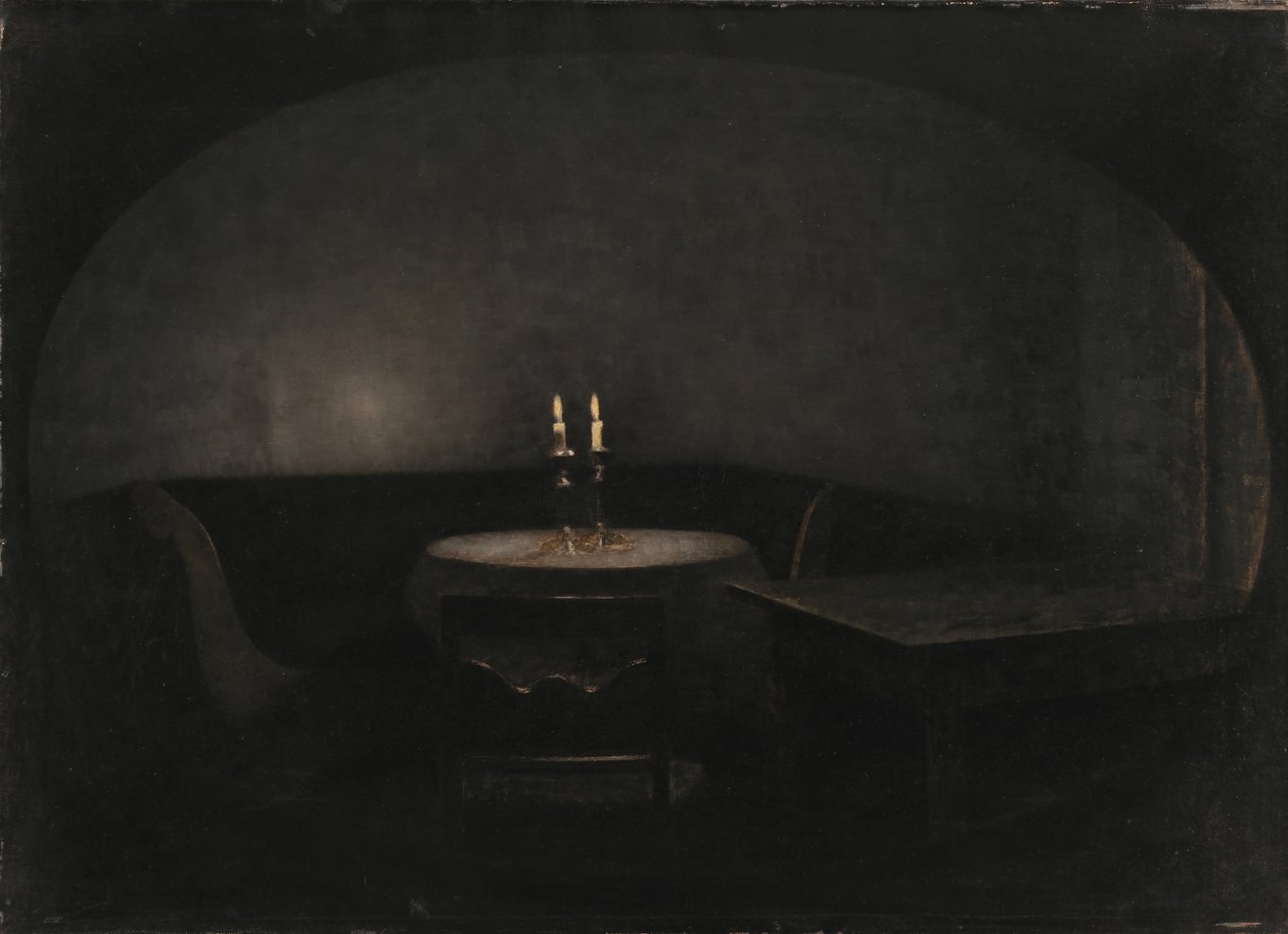 Wnętrze. Sztuczne oświetlenie wnętrza. Sztuczne światło, 1909. autorstwa Vilhelm Hammershøi
