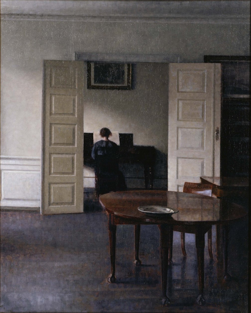 Wnętrze z Idą grającą na pianinie autorstwa Vilhelm Hammershøi