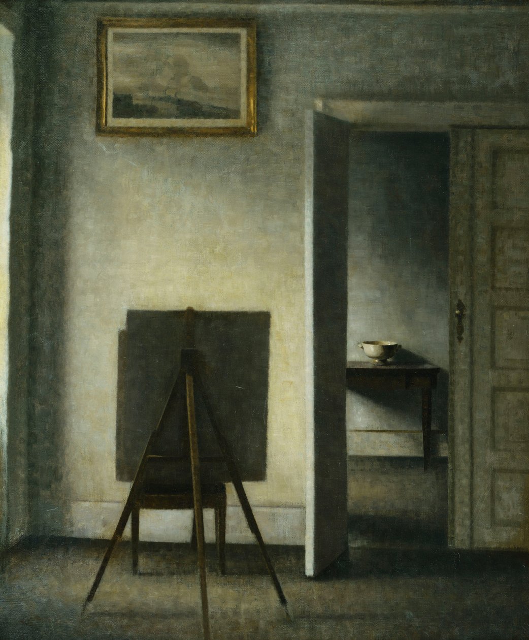 Wnętrze ze sztalugą artysty, autorstwa Vilhelm Hammershoi