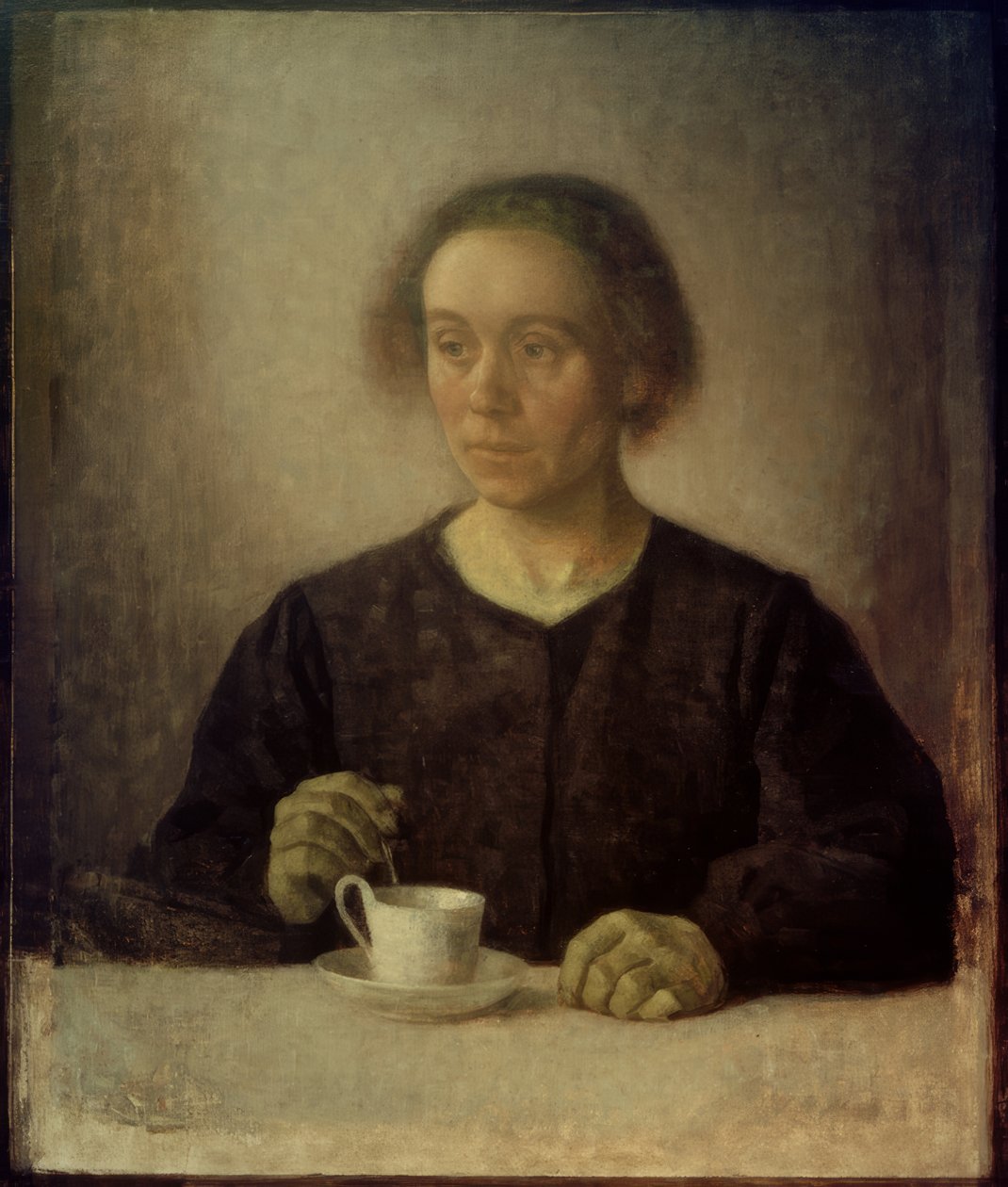 Żona artysty z filiżanką autorstwa Vilhelm Hammershoi