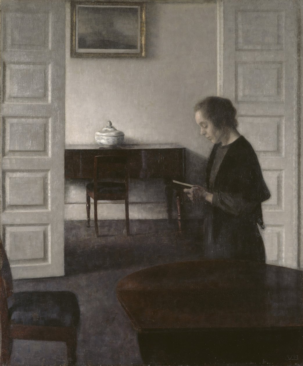 Wnętrze z czytającą damą, ok. 1900 (olej na płótnie) autorstwa Vilhelm Hammershoi