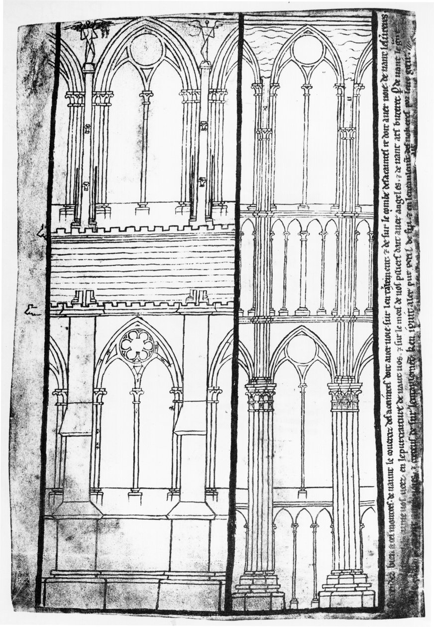 Faksymile kopii Ms Fr 19093 fol.31v Elewacja zewnętrzna i wewnętrzna ścian bocznych katedry w Reims. autorstwa Villard de Honnecourt