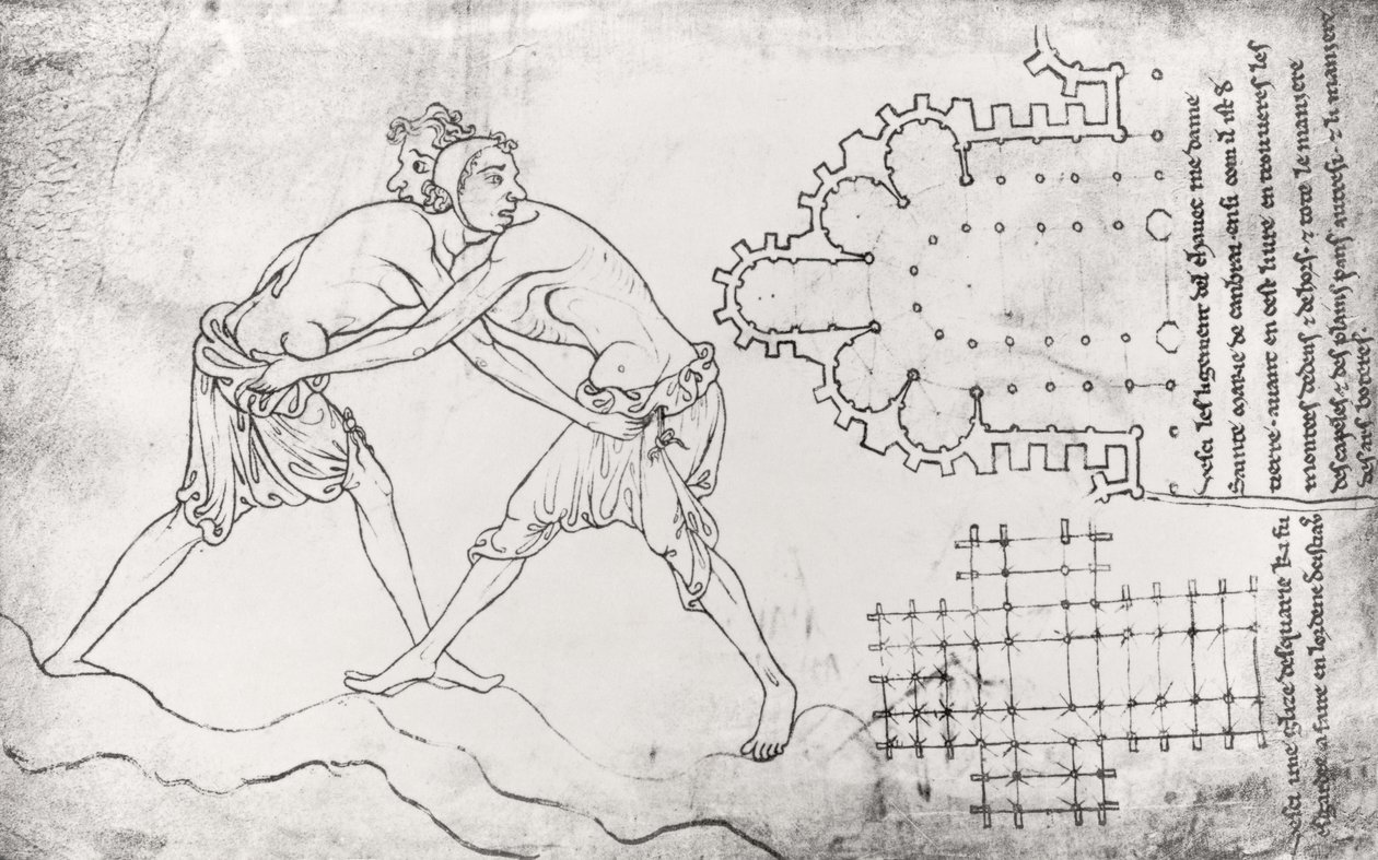 Ms.Fr.19093 fol.14v Dwóch zapaśników, plan kościoła cysterskiego i plan chóru Notre-Dame de Cambrai (kopia faksymile) autorstwa Villard de Honnecourt