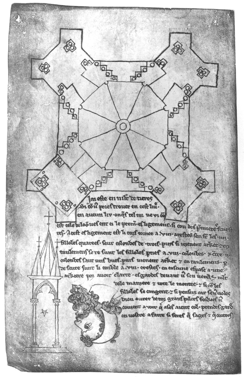 Ms 19093 fol.9v Faksymile planu wieży katedry w Laon, głowy brodatego mężczyzny i gotyckiego okna autorstwa Villard de Honnecourt