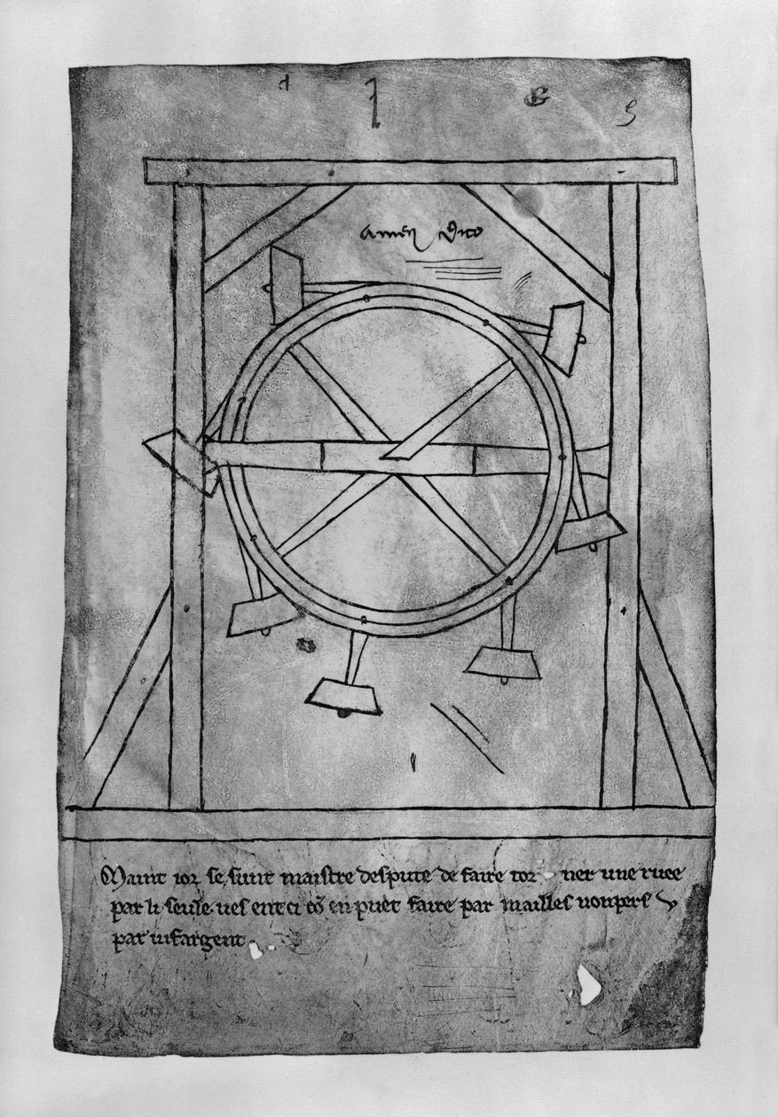 Podobno perpetuum mobile młotki i koło (kopia faksymile) autorstwa Villard de Honnecourt