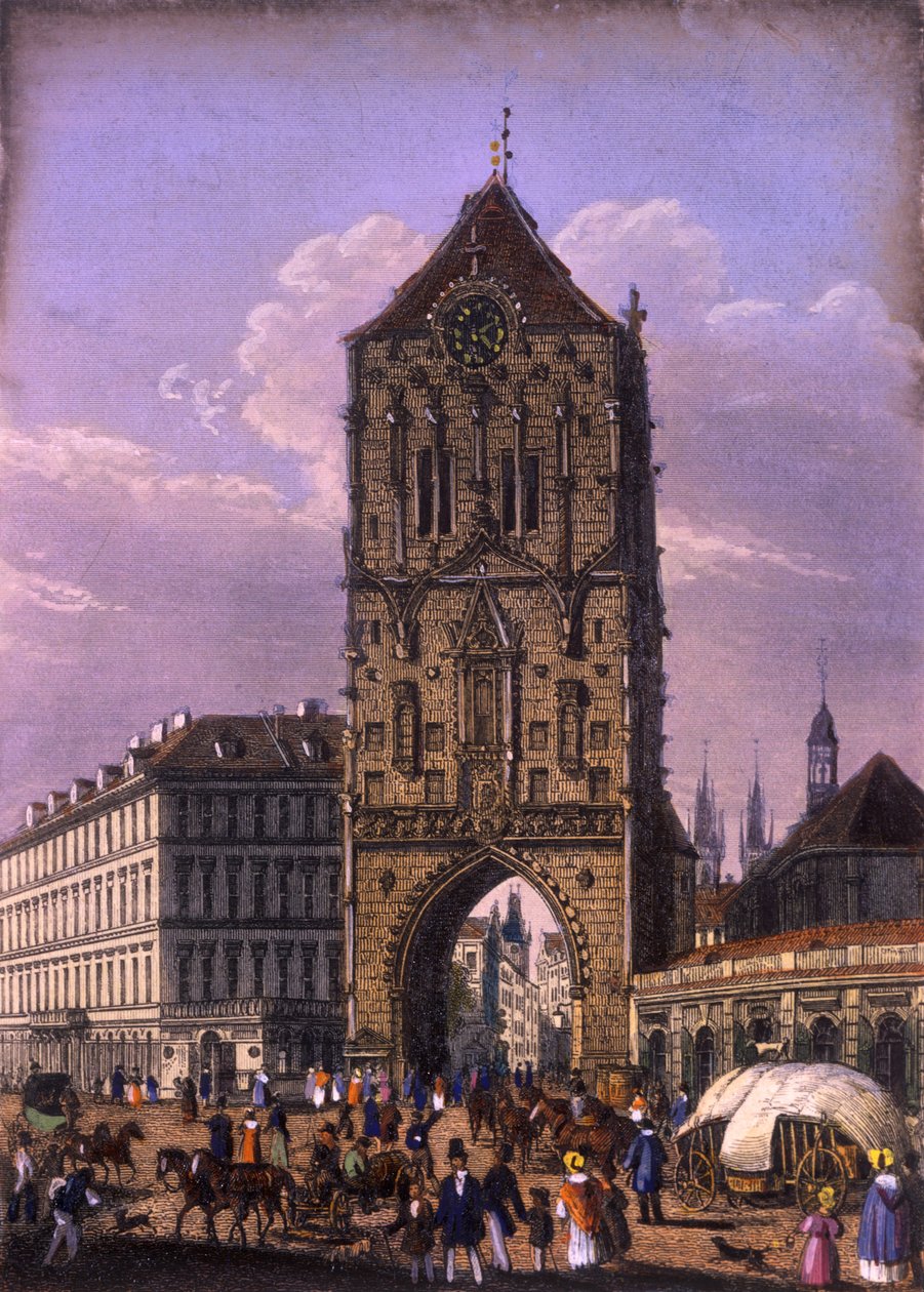 Wieża Prochowa, Praga, ok. 1840 (kolorowa staloryt) autorstwa Vincenc Morstadt