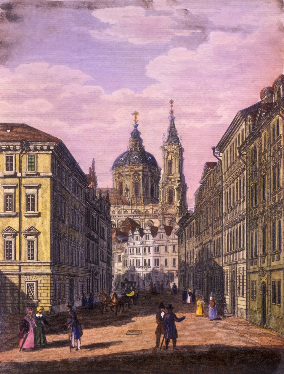 Kościół św. Mikołaja w Małej Dzielnicy, Praga, 1847 (kolorowa staloryt) autorstwa Vincenc and Geissler, F. Morstadt