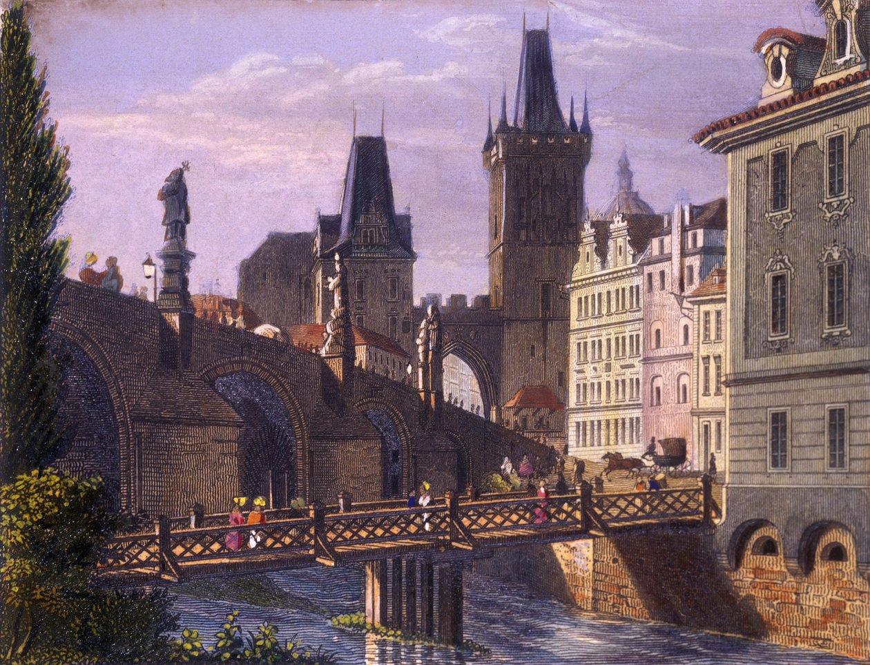 Little Quarter Bridge Towers, 1847 (kolorowa staloryt) autorstwa Vincenc Morstadt