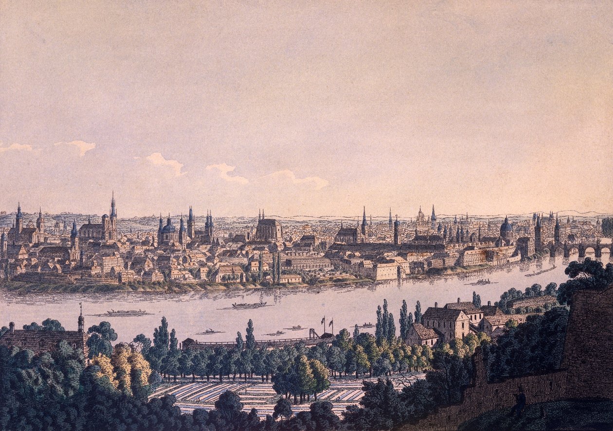 Stare i Nowe Miasto Pragi (kolorowa akwaforta) autorstwa Vincenc Morstadt