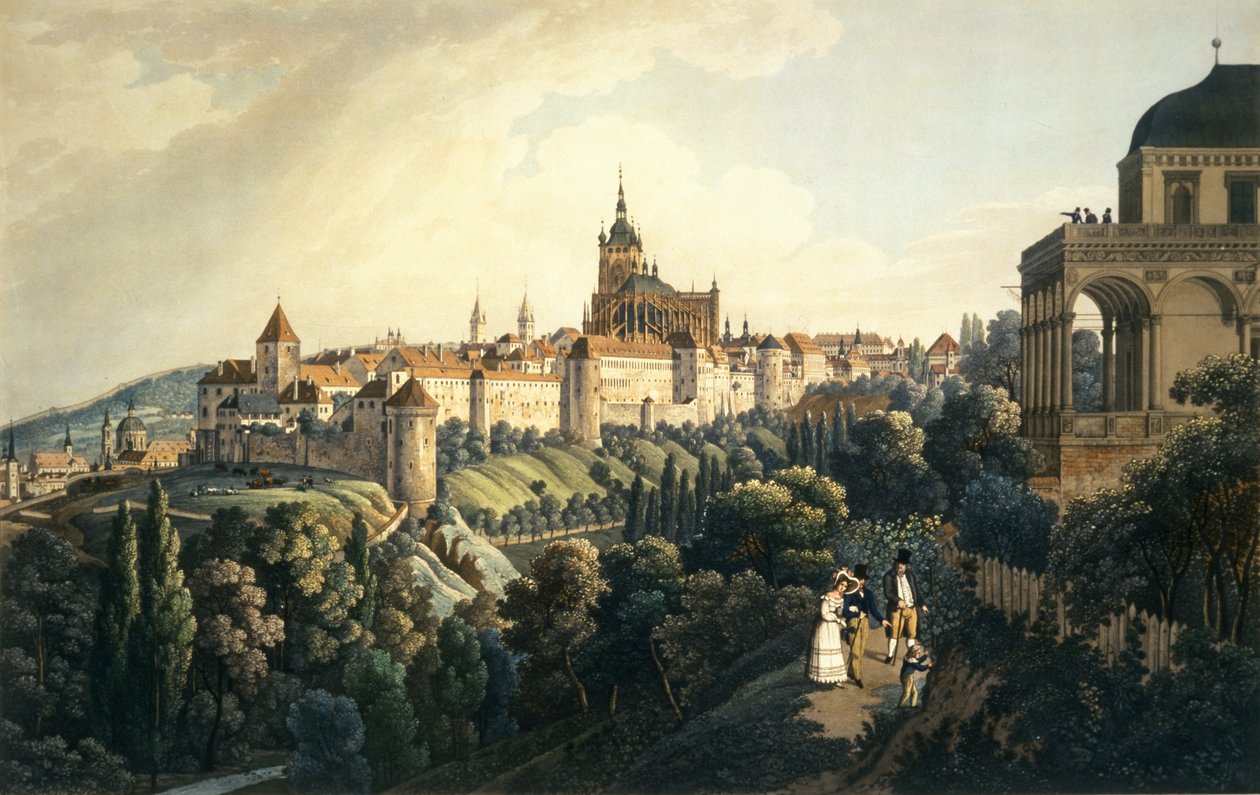 Zamek Praski i Letnia Letnia Królewska, 1836 (akwaforta z akwatintą) autorstwa Vincenc Morstadt