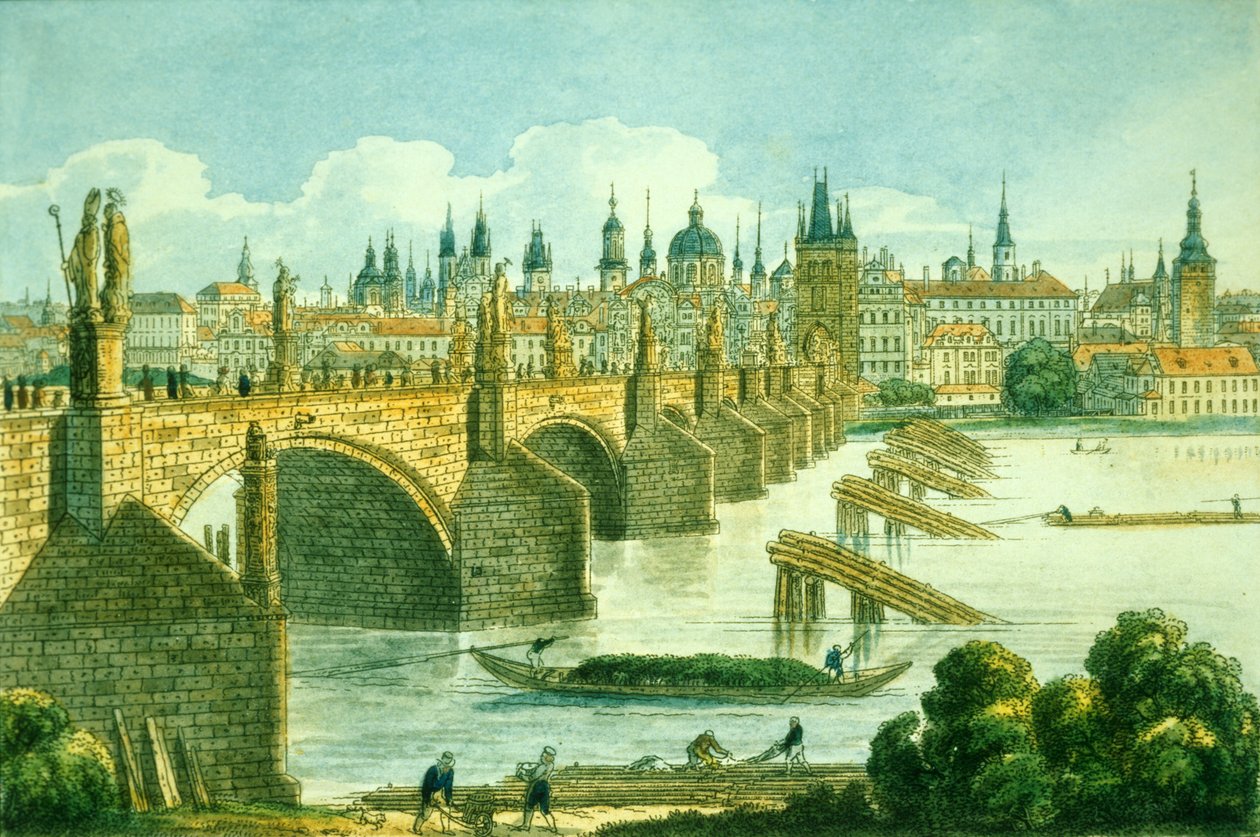 Praskie Stare Miasto z Wyspy Kampa, ok. 1830 (akwaforta barwna) autorstwa Vincenc Morstadt