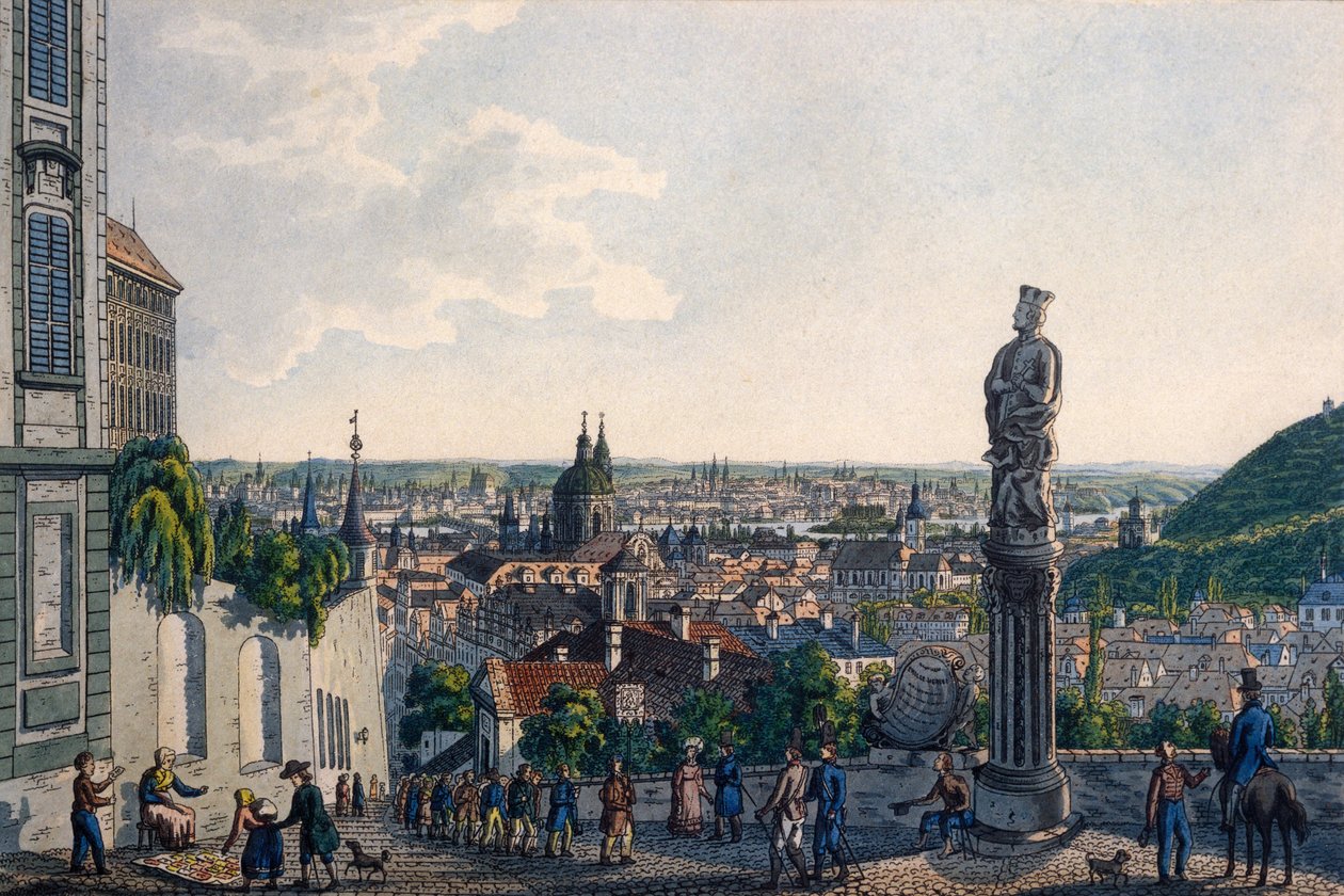 Widok Pragi z Nowych Schodów Zamkowych, 1835 (kolorowa akwaforta) autorstwa Vincenc Morstadt