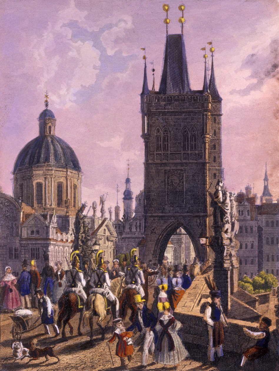 Widok Staromiejskiej Wieży Mostowej z Mostu Karola, 1847 (kolorowa staloryt) autorstwa Vincenc Morstadt