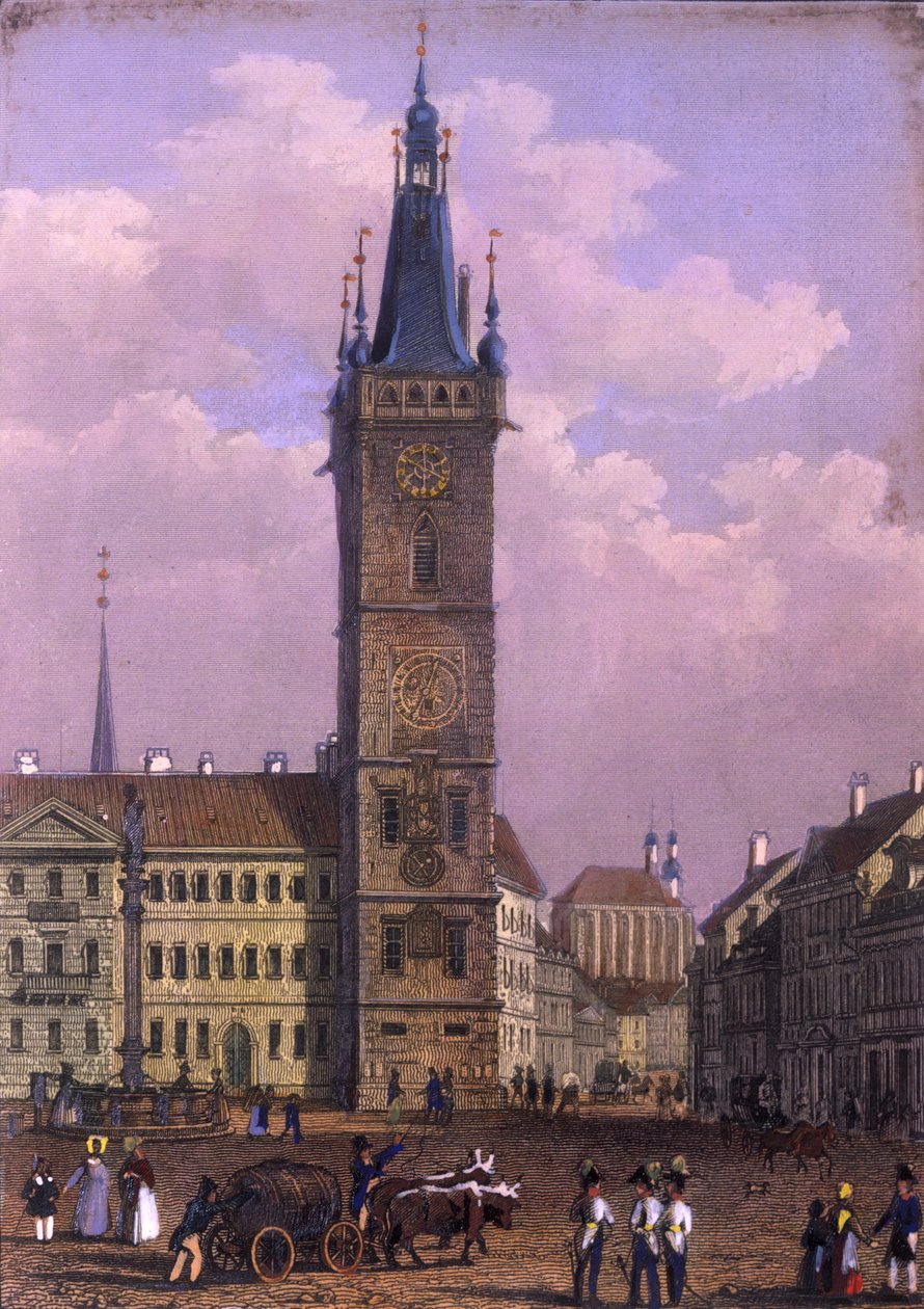 Nowy Ratusz, Praga, 1847 (kolorowa staloryt) autorstwa Vincenc Morstadt