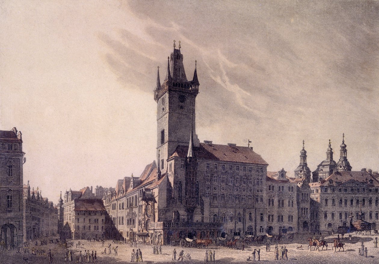 Ratusz Staromiejski (kolorowa akwaforta) autorstwa Vincenc Morstadt