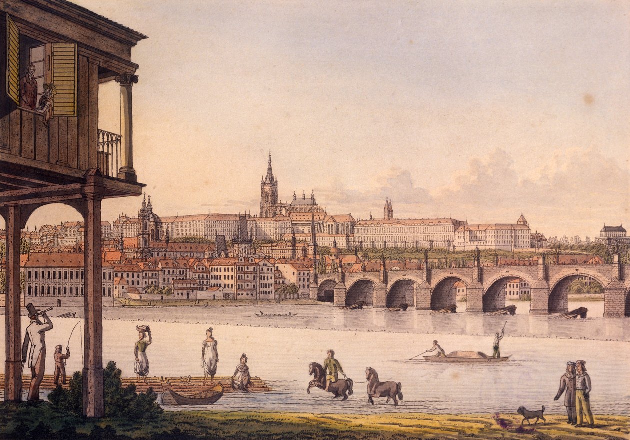 Widok na Małą Dzielnicę i Zamek Praski Hradczany z Łaźni Papouka, 1825 (kolorowa akwaforta) autorstwa Vincenc Morstadt
