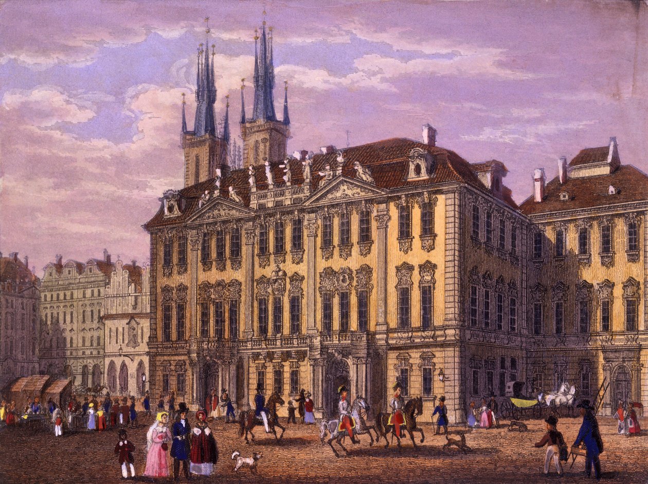 Pałac Goltz-Kinskich (Kinskich), Praga, 1847 (kolorowa staloryt) autorstwa Vincenc and Geissler, F. Morstadt