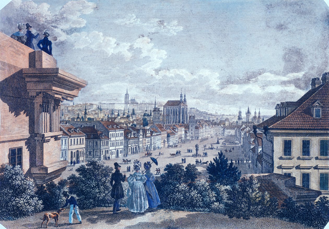 Targ koni na Placu Wacława, Praga, 1835 (kolorowa staloryt) autorstwa Vincenc and Geissler, F. Morstadt