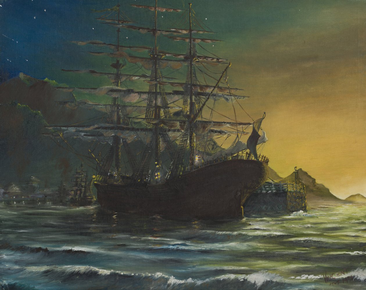 Clipper statek w porcie 1860, 1991, (olej na płótnie) autorstwa Vincent Alexander Booth