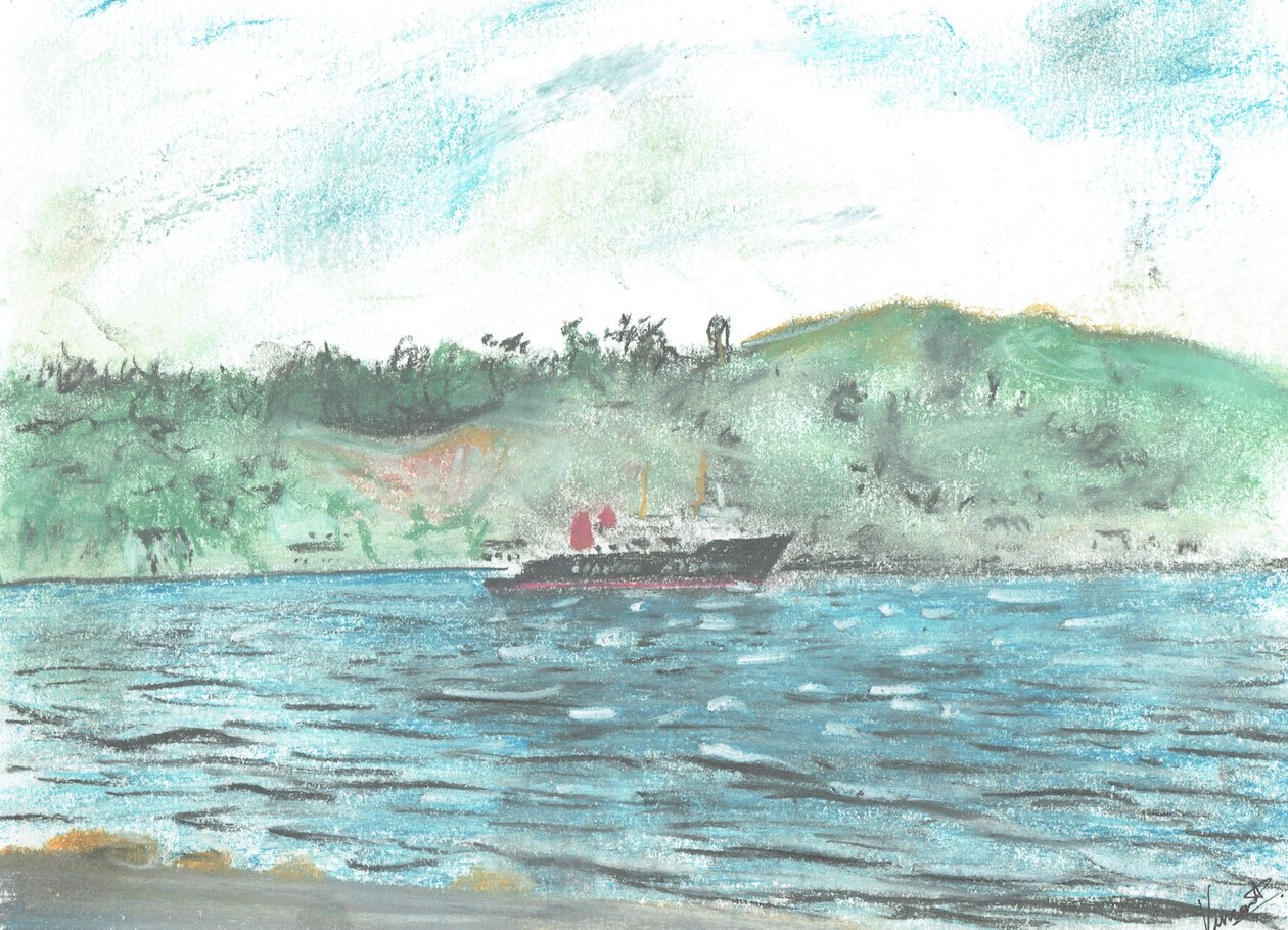 Prom na wyspę Jura, 2005, (pastele na papierze) autorstwa Vincent Alexander Booth