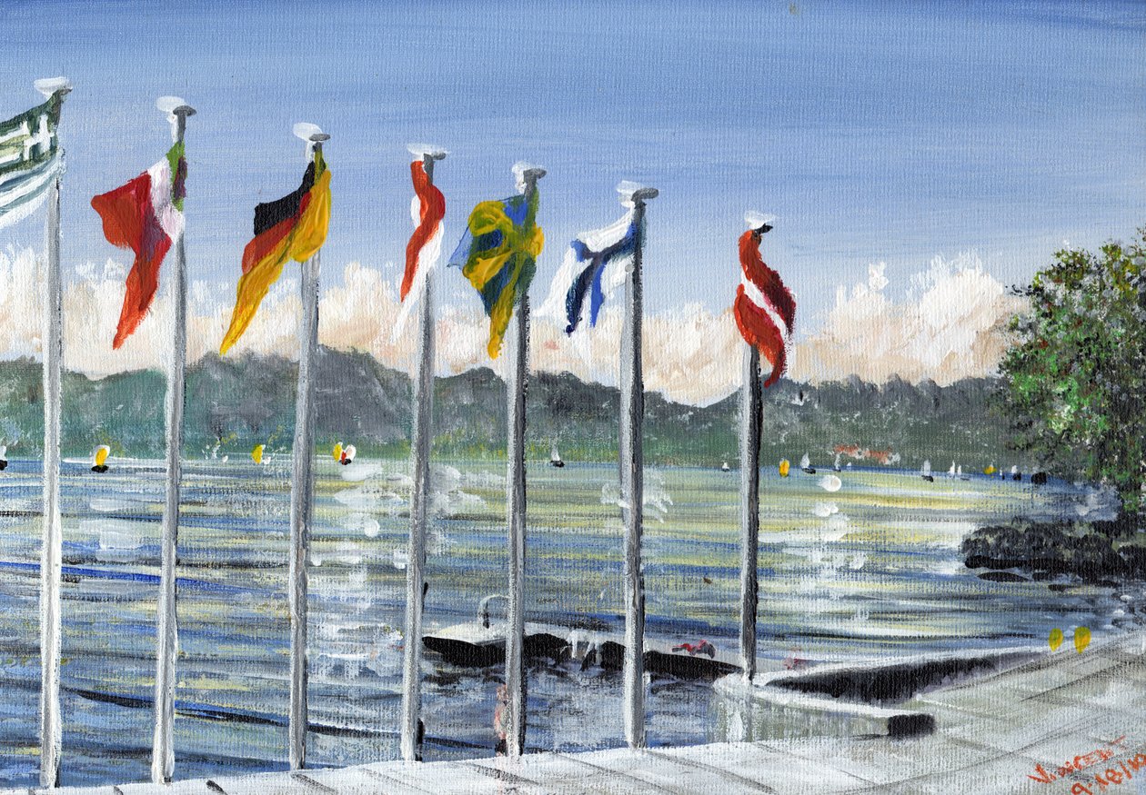 Flagi na Lac Leman, 2010, (akryl na płótnie) autorstwa Vincent Alexander Booth