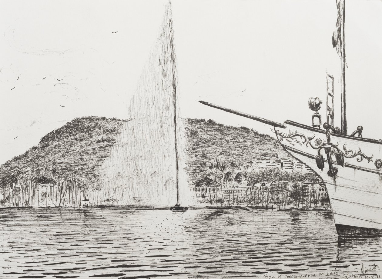 Genewa fontanna i dziób statku wycieczkowego, 2011, (Ink on Paper) autorstwa Vincent Alexander Booth
