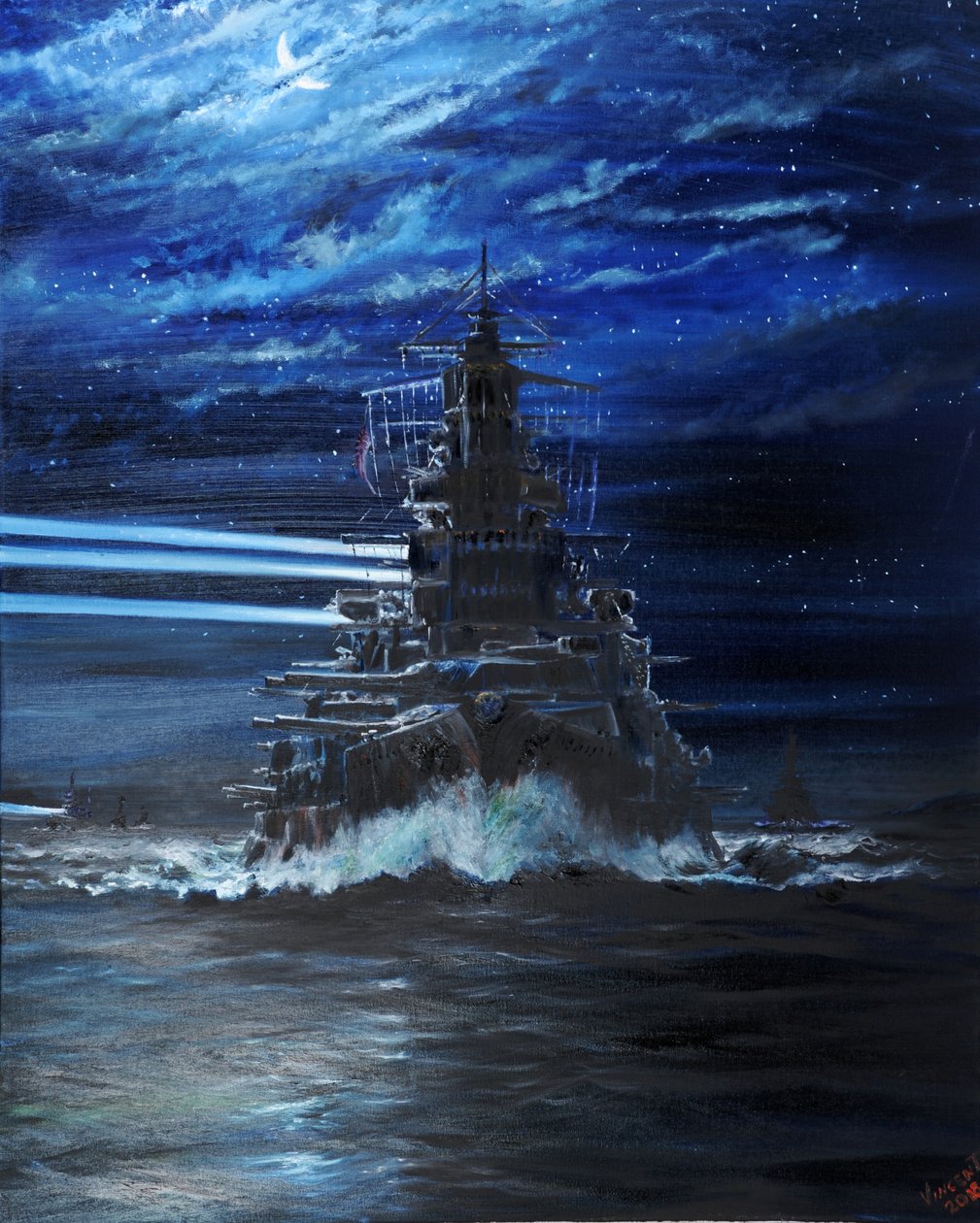 IJN Hiei i Akatsuki rozświetlają USS Atlanta, Guadalcanal 1942, 2018, autorstwa Vincent Alexander Booth