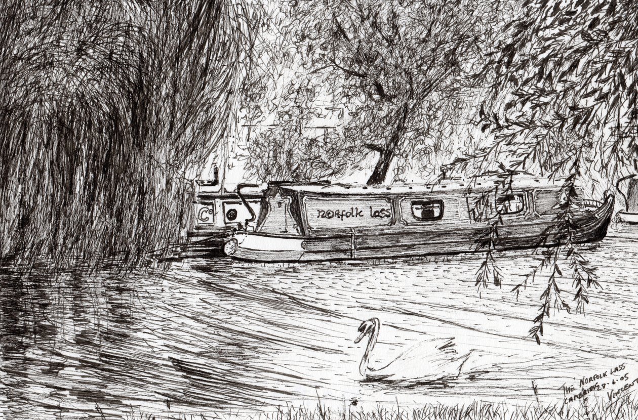 Wąskie łodzie Cambridge, 2005, (tusz na papierze) autorstwa Vincent Alexander Booth
