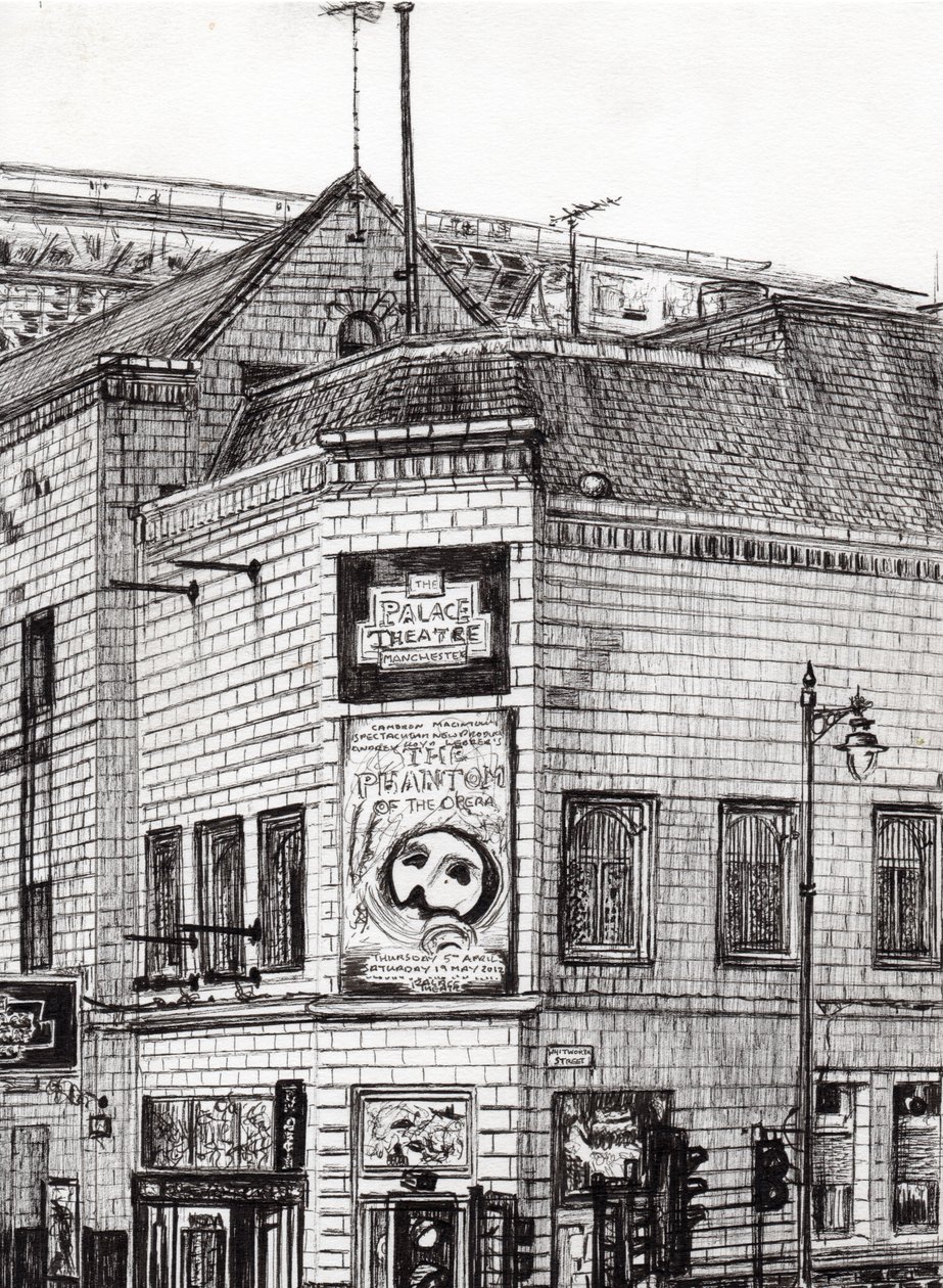 Palace Theatre Manchester, 2013, (tusz na papierze) autorstwa Vincent Alexander Booth