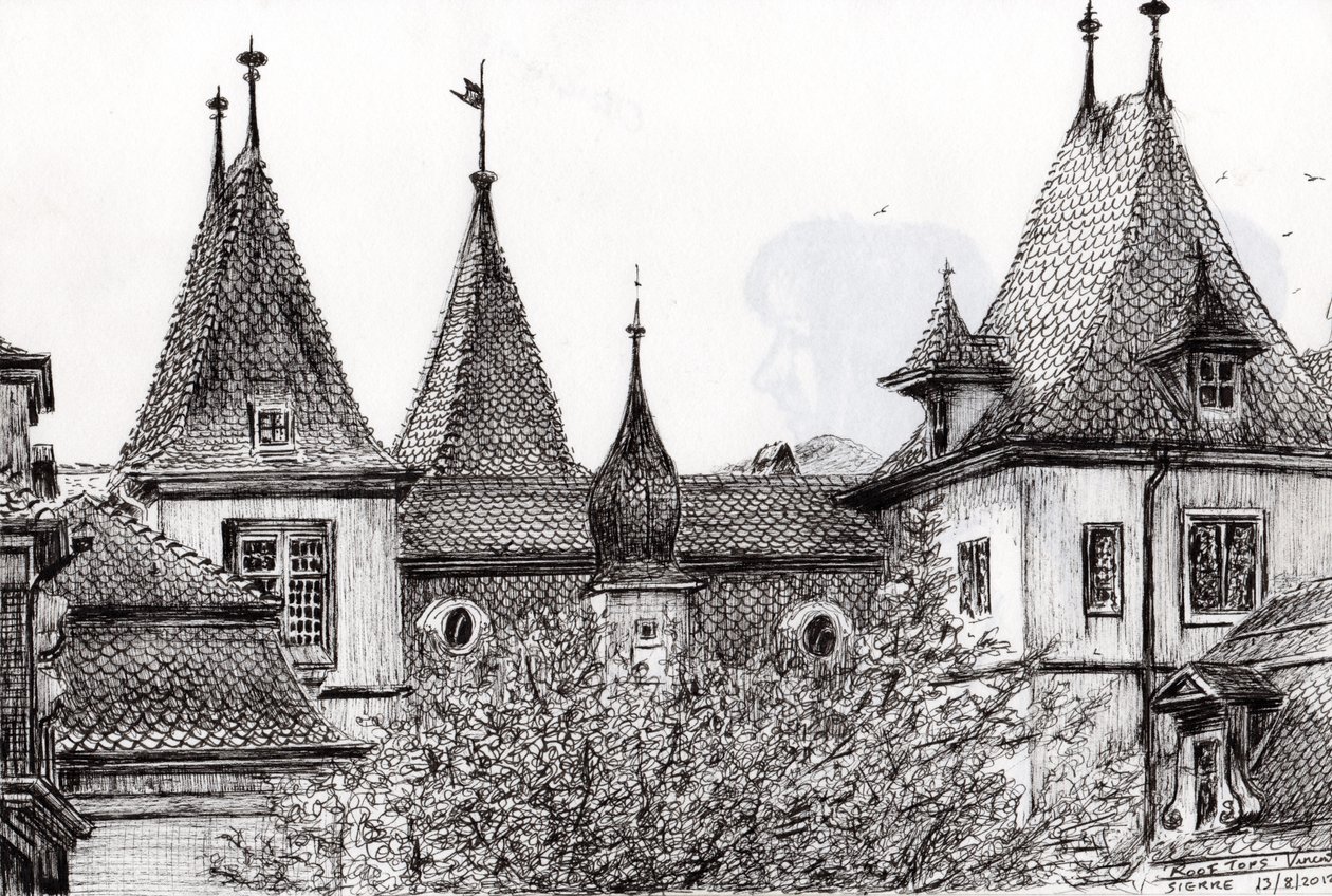 Sierre Rooftops Szwajcaria, 2012, (tusz na papierze) autorstwa Vincent Alexander Booth