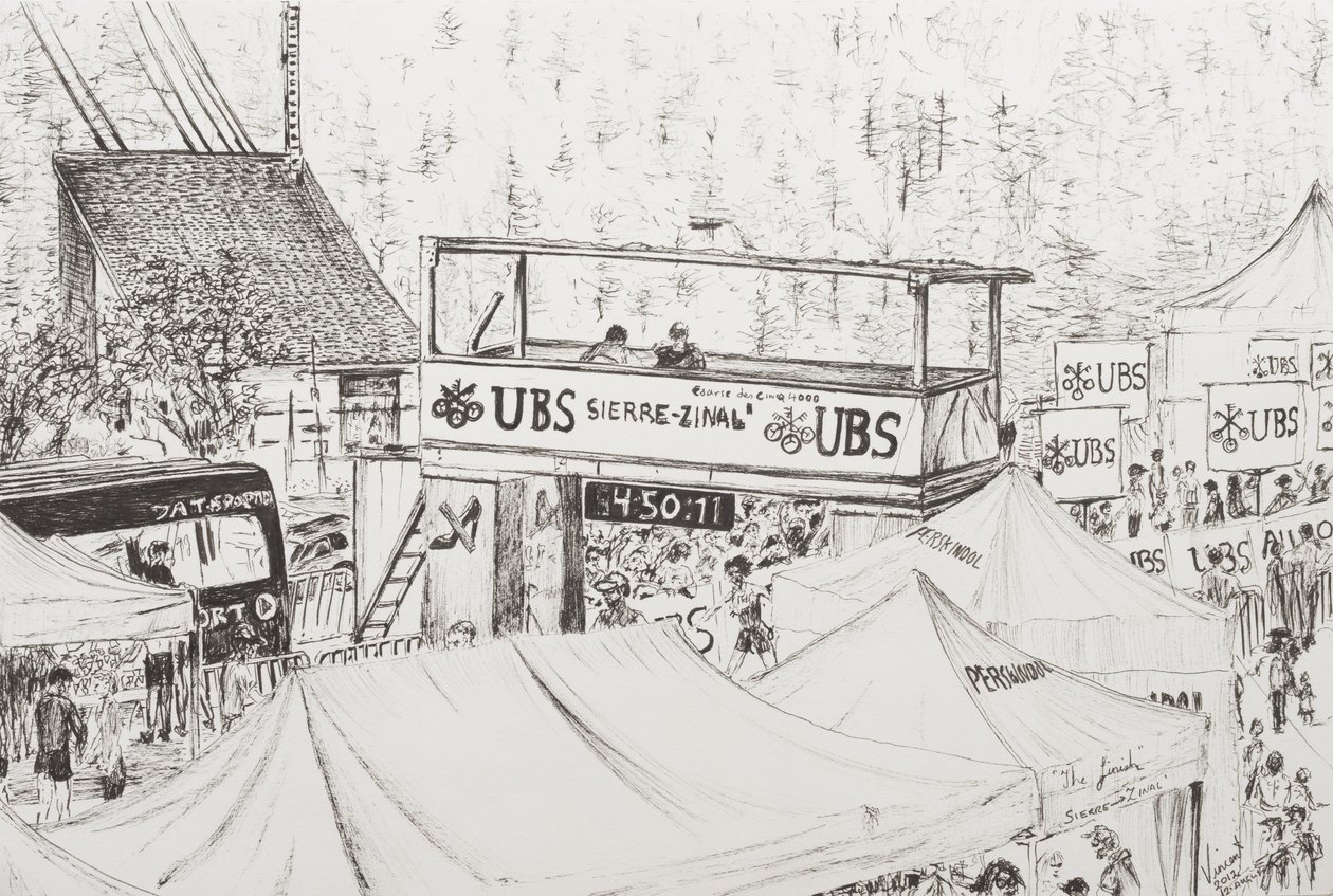 Sierre to Zinal Mountain Race, Finisz 2012. (Atrament na papierze) autorstwa Vincent Alexander Booth
