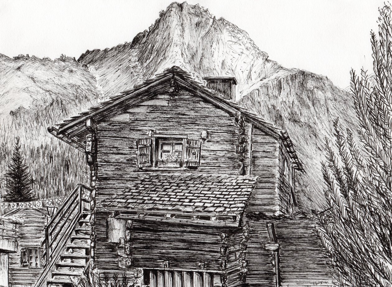Widok z B&B Zinal Switzerland, 2011, (tusz na papierze) autorstwa Vincent Alexander Booth