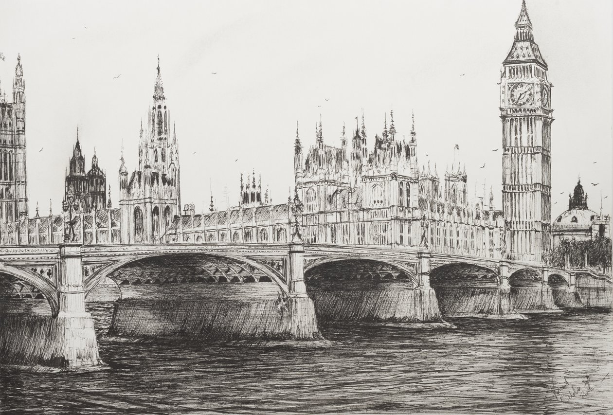 Westminster Bridge Londyn, 2006, (tusz na papierze) autorstwa Vincent Alexander Booth