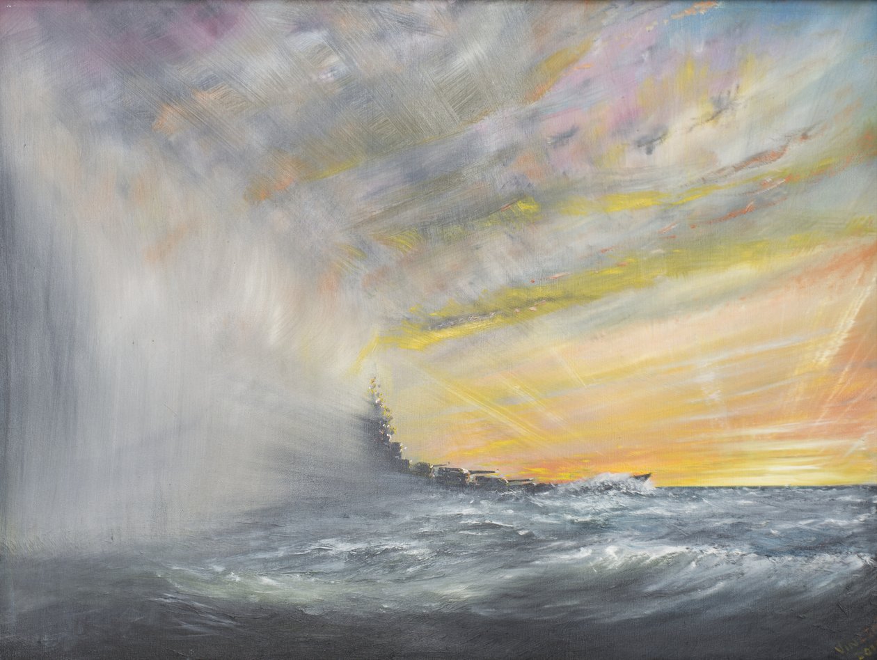 Yamato wyłania się z Pacific Typhoon 1944, 2010, (olej na płótnie) autorstwa Vincent Alexander Booth