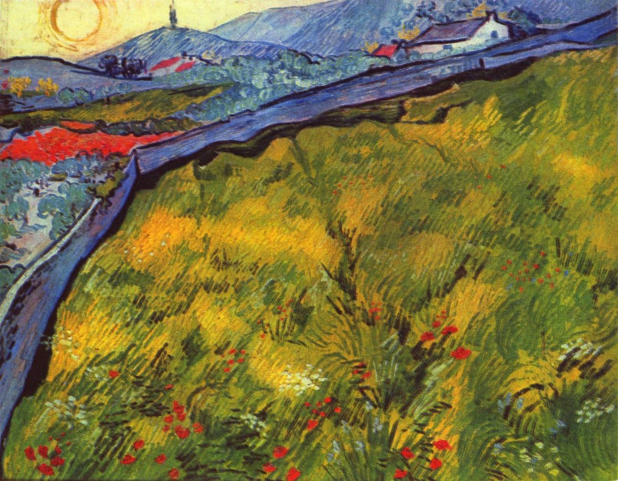 Górski krajobraz o wschodzie słońca z ogrodzoną łąką autorstwa Vincent van Gogh