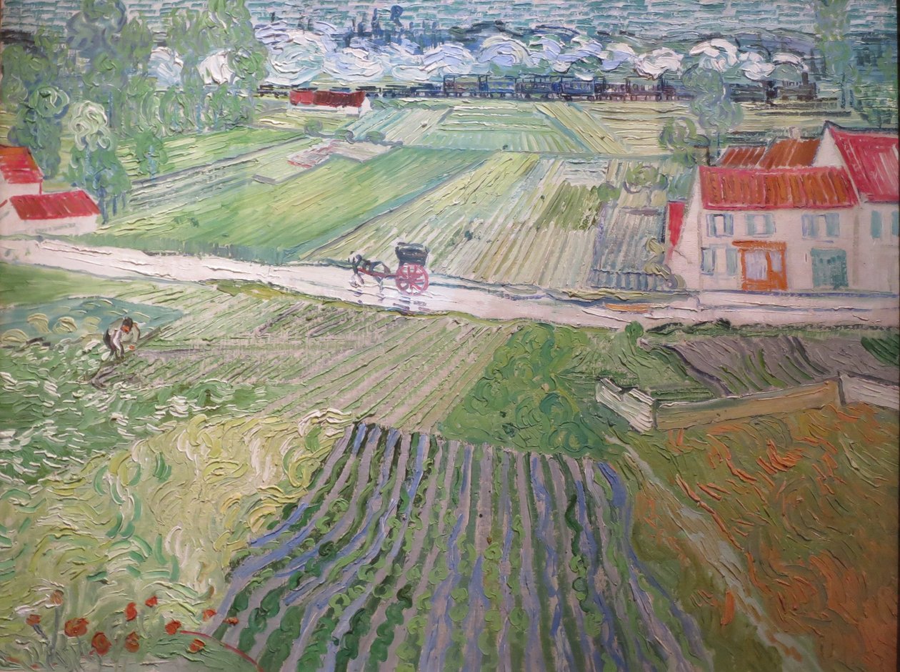 Krajobraz z powozem i pociągami autorstwa Vincent van Gogh