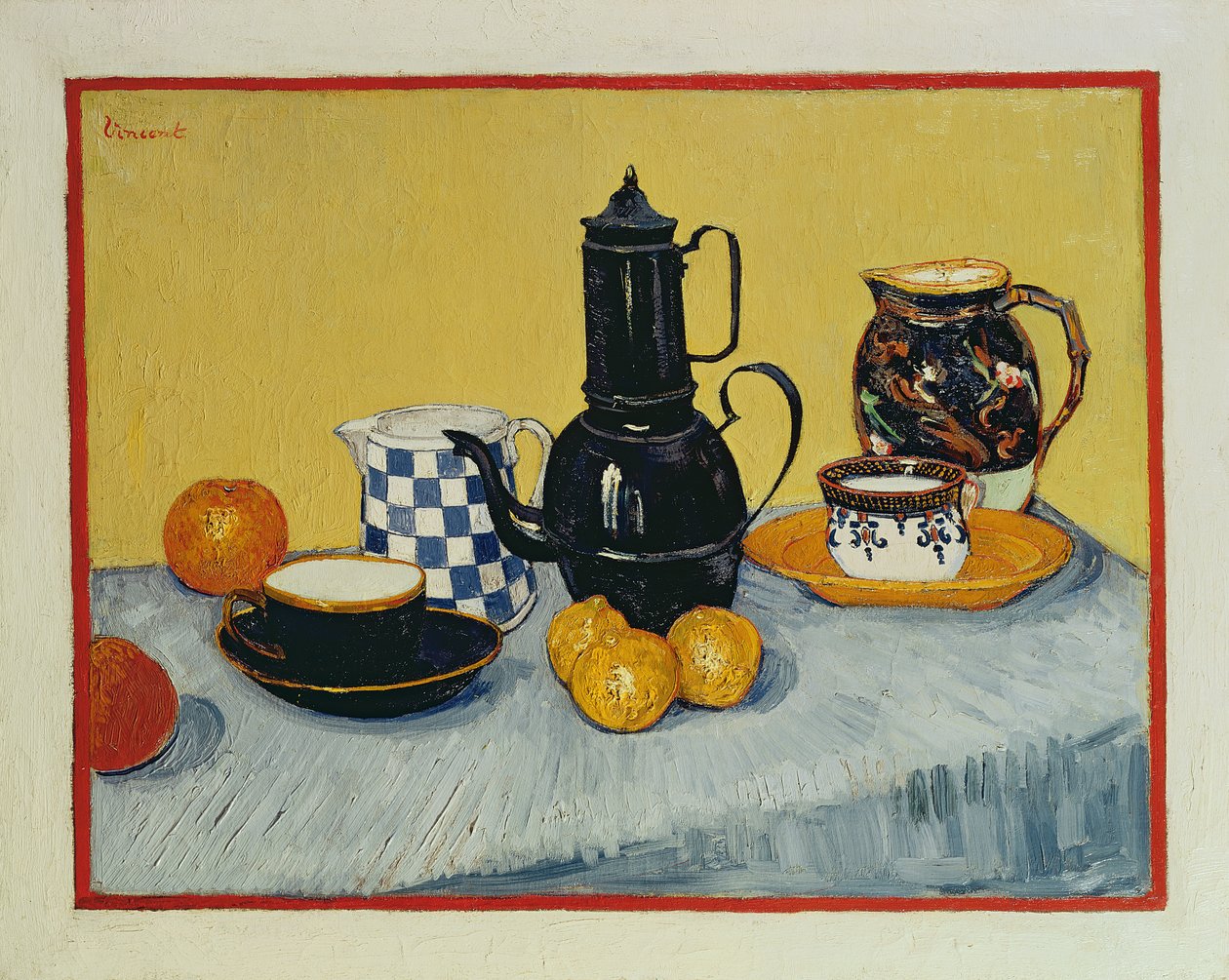 Martwa natura z niebieską emaliowaną kawą, ceramiką i owocami, 1888 r. autorstwa Vincent van Gogh