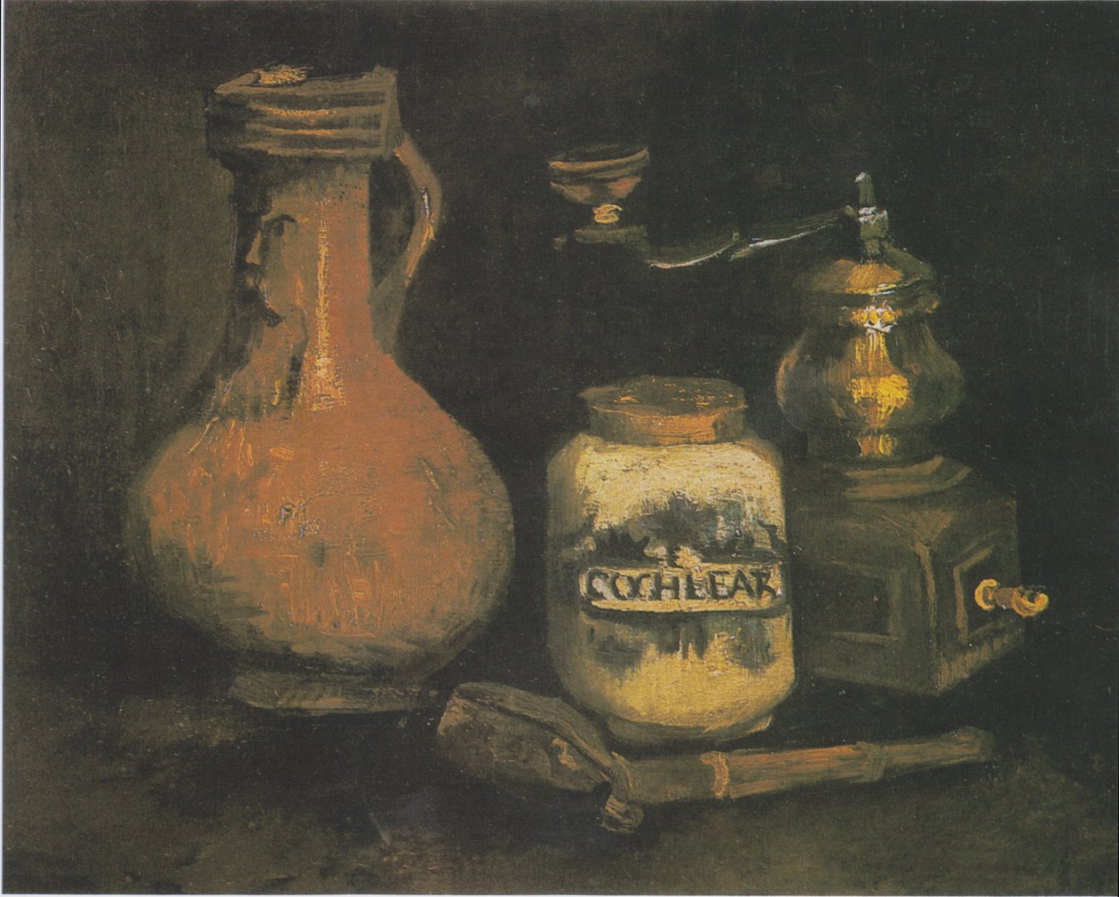 Martwa natura z kubkiem Bartmann, młynkiem do kawy i etui na fajki autorstwa Vincent van Gogh