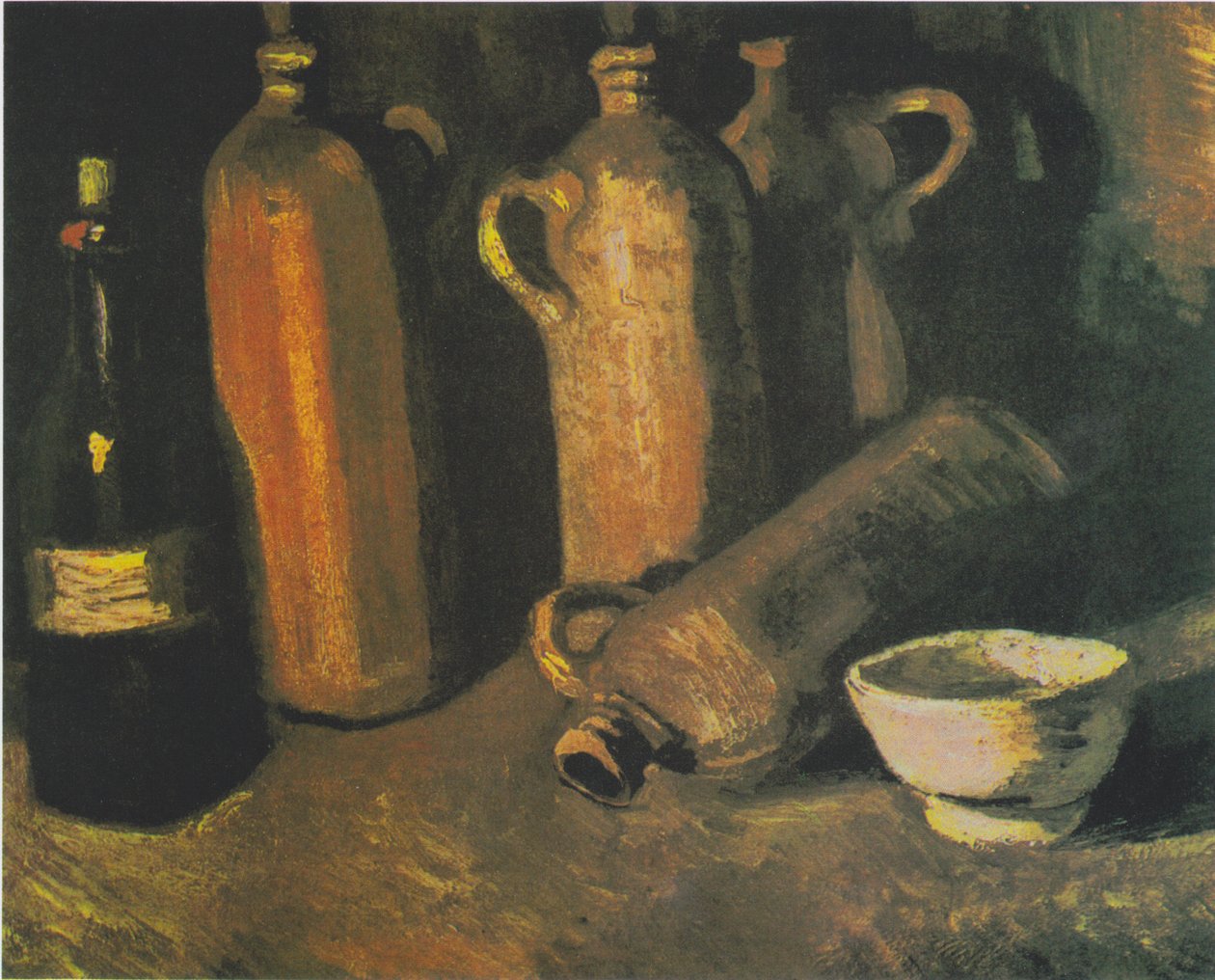 Martwa natura z czterema dzbankami, butelką i białą miską autorstwa Vincent van Gogh