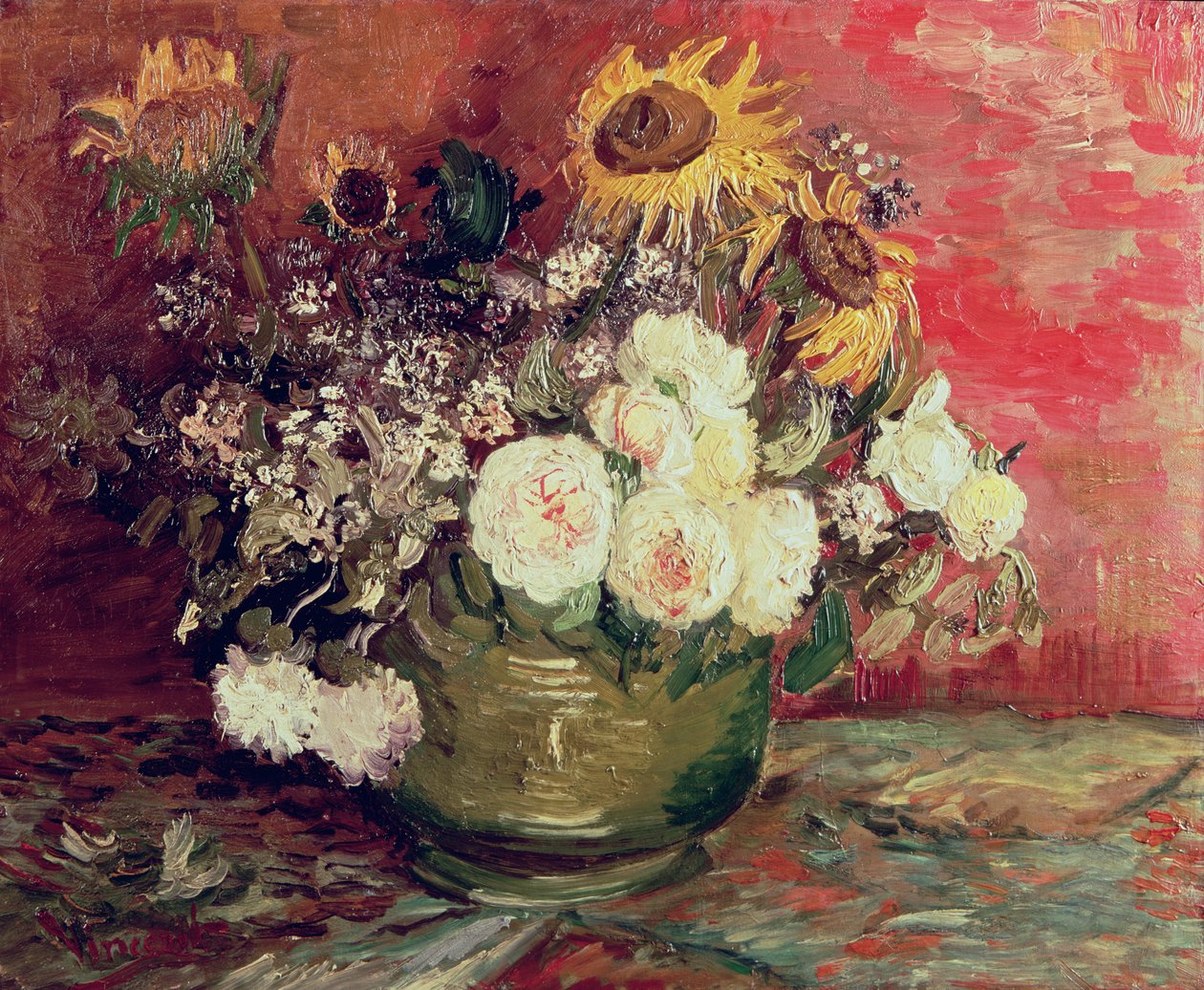 Słoneczniki, róże i inne kwiaty w misce, 1886 autorstwa Vincent van Gogh