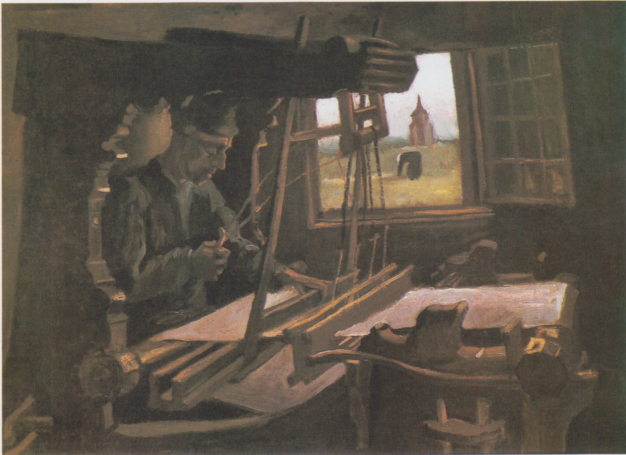 Weber przed otwartym oknem z widokiem na wieżę Nuenen autorstwa Vincent van Gogh