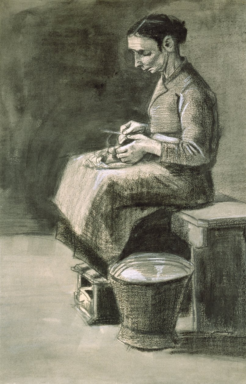 Kobieta obierająca ziemniaki, 1882 (czarna kreda i wash wzmocnione bielą na papierze) autorstwa Vincent van Gogh