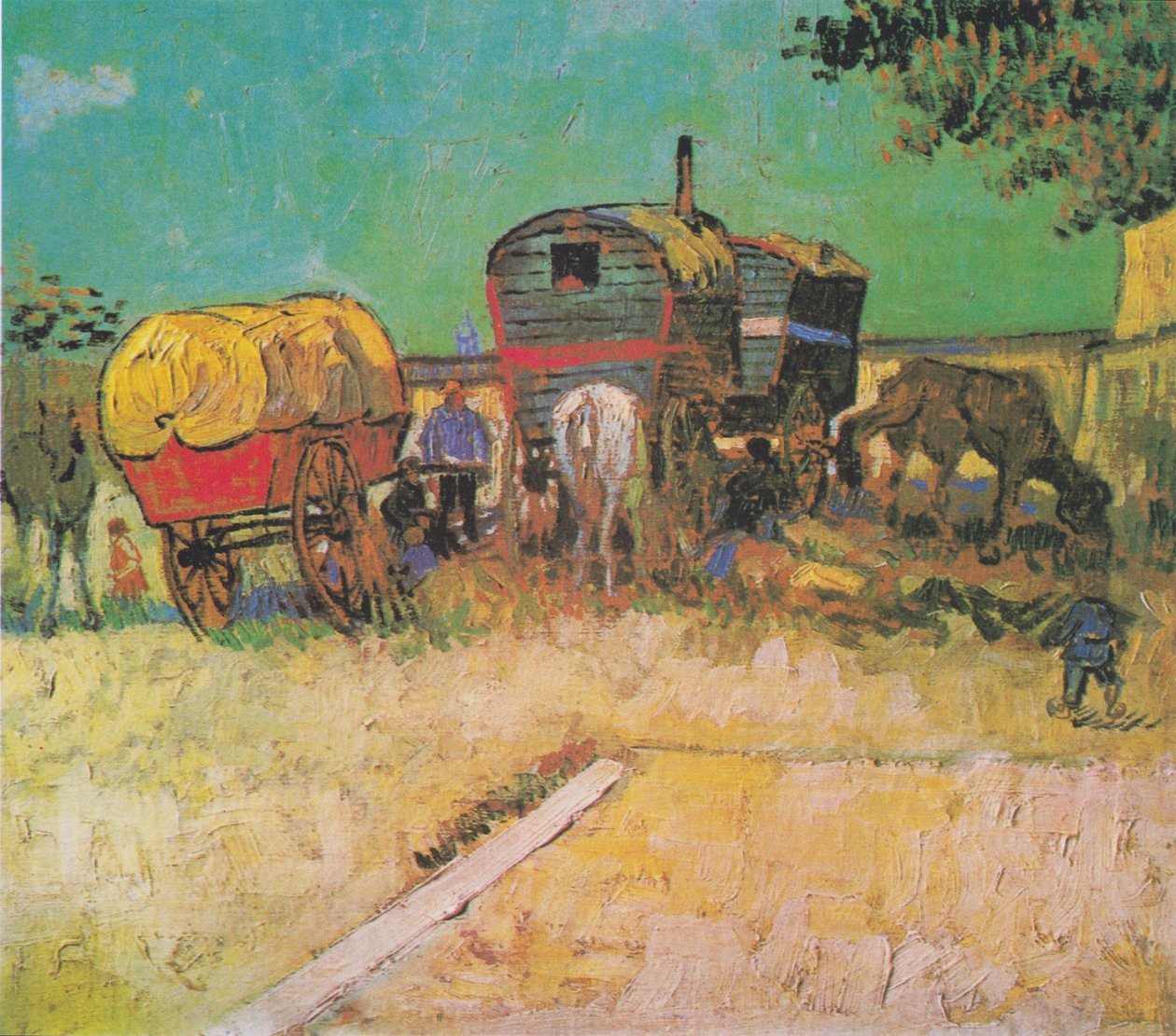 Obóz cygański z wozami ciągniętymi przez konie autorstwa Vincent van Gogh
