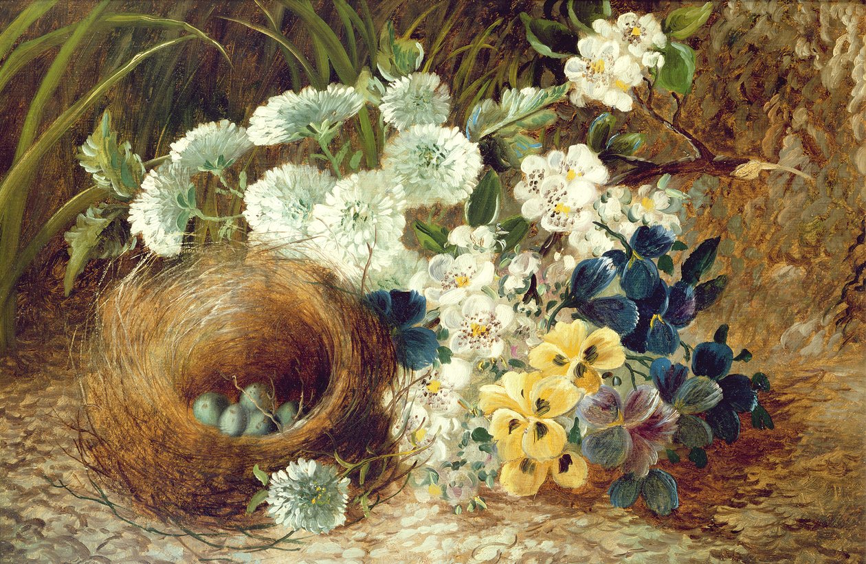 Martwa natura z kwiatów i ptasie gniazdo na omszałym brzegu autorstwa Vincent (after) Clare