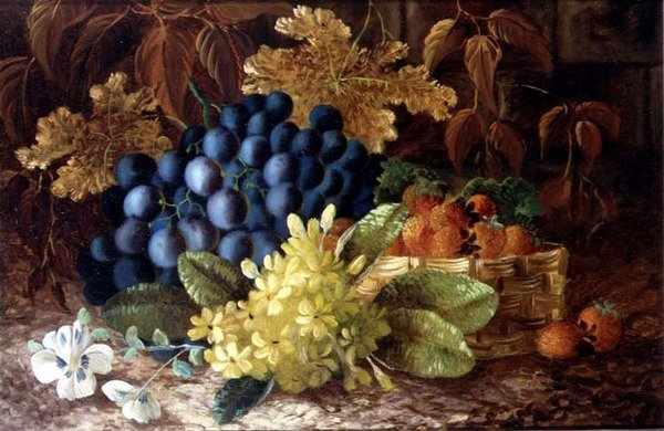 Martwa natura z winogron i kosz truskawek na omszałym brzegu autorstwa Vincent (after) Clare