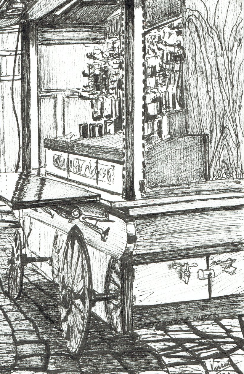 Wózek poza Cheers Bar Boston USA, 2003, (tusz na papierze) autorstwa Vincent Alexander Booth